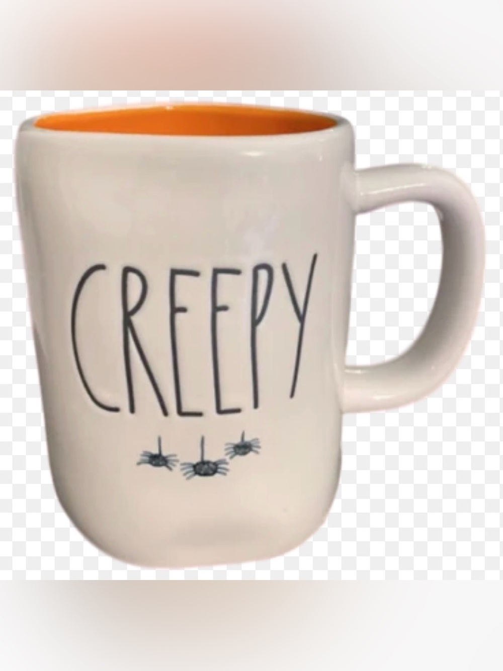 New Rae Dunn White Ceramic "CREEPY" Mug with Orange Interior
